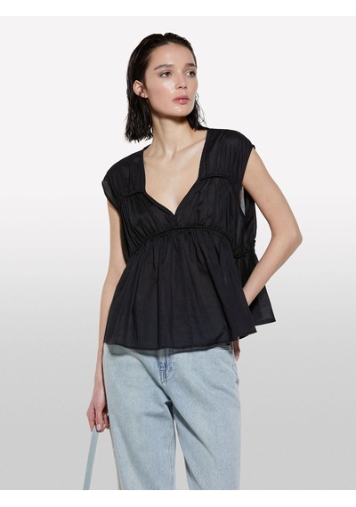 Sisley %100 Pamuk Büzgülü Kolsuz V Yaka Bluz Kadın Siyah Bluz - 325p5ho1lq08x