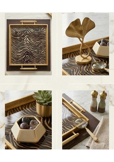 Gold Varaklı Zebra Desenli Lüks Sunum Tepsisi - Modern Tasarım Dekoratif Çay Kahve Tepsisi