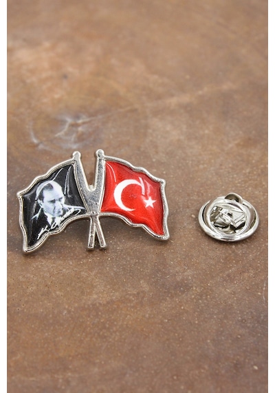 089 50005 Gümüş Atatürk Ve Ay Yıldız Türk Bayrak Yaka Rozeti
