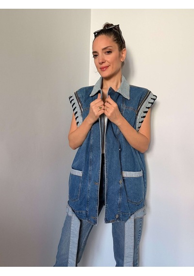 Ali Butik Mavi Oversize Tasarım Denim Yelek Mavi