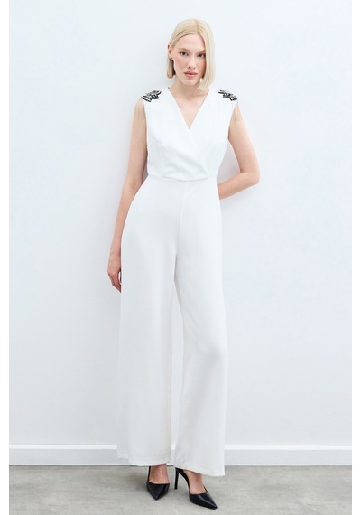 Sateen Aksesuar Detaylı Tulum - Ekru-135221 Ekru