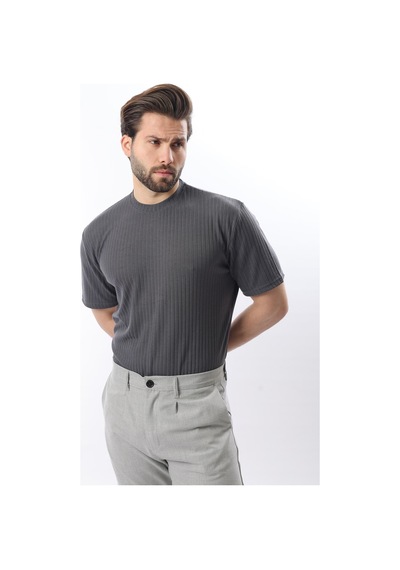 Madmext Füme Dokulu Çizgi Tasarım Bisiklet Yaka Erkek T-shirt E7122 Füme