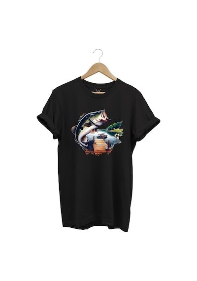 Balıkçılık Siyah Levrek Baskılı Manzara İskele Ve Tekne Balıkçılığı %100 Pamuk Regular Fit T-shirt Siyah