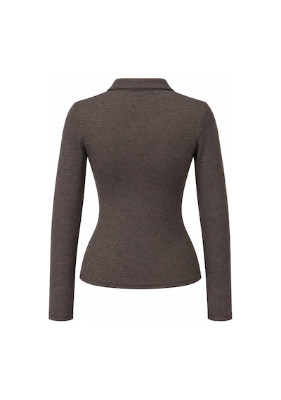 Mixray 2246 Kadın Polo Yaka Düğmeli Uzun Kollu Slim Fit Bluz Kahve