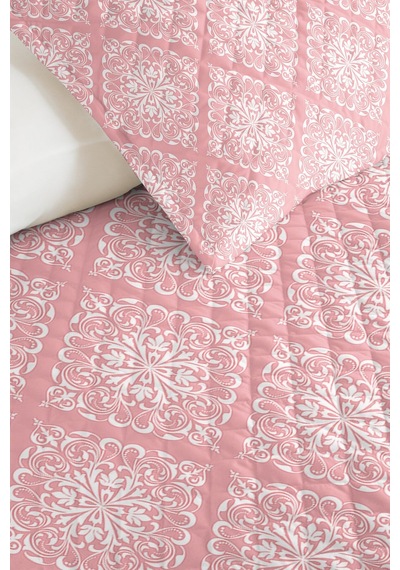 Pembe Damask Geometrik Tek Kişilik Pike Takımı - Beyaz Retro 160x220 Cm Kapitone Yazlık Yatak Örtüsü Çok Renkli
