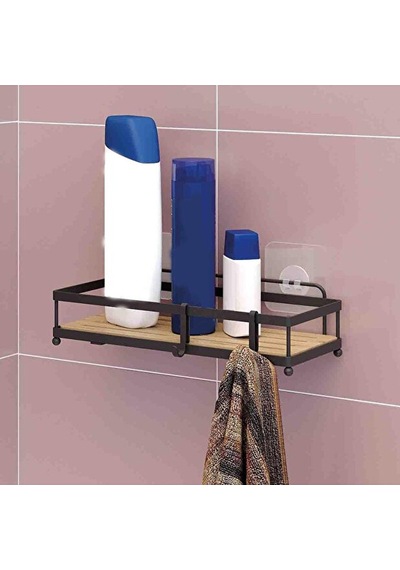Ahşap Görünümlü Kancalı Banyo Duş Rafı - Siyah Çok Renkli