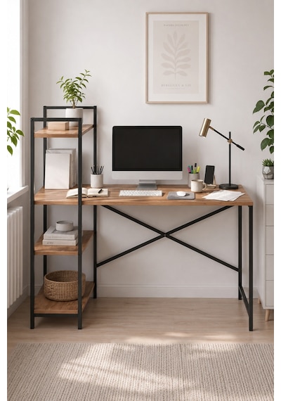 120x55 Cm Raflı Çalışma Masası Bilgisayar Masası Ofis Masası Ders Masası Cervantes Çam