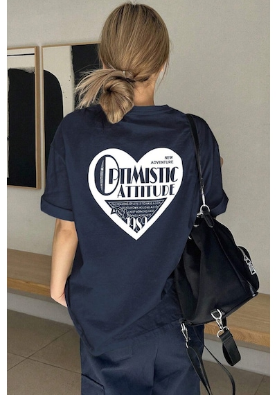 Unisex Optimistic Baskılı Tasarım Tshirt Lacivert