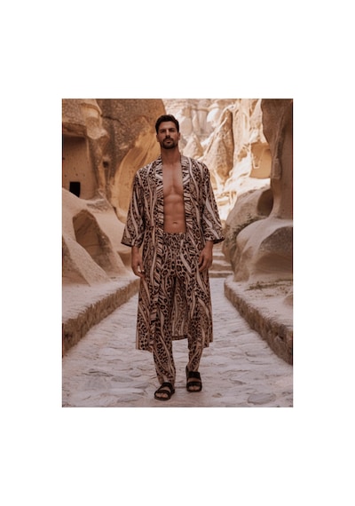 Qmen Style Erkek Kimono Takımı Leopar Desen 3 Lü Viskon Set Bornoz + Pantolon + Şort Bej