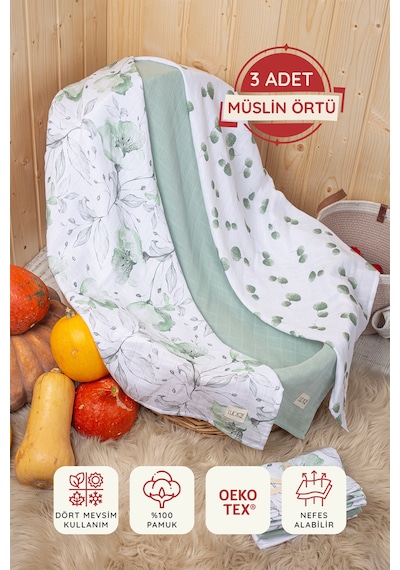 Luckka Dijital Baskılı 3'lü Müslin Örtü Seti - 75x75 Cm - Zt5000 Yeşil Yeşil