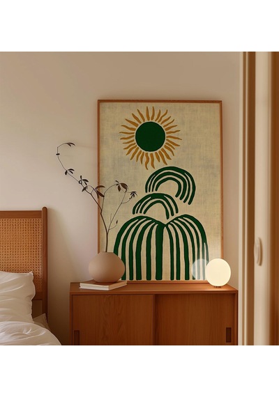 Soyut Güneş Posteri, Orta Çağ Modern Duvar Sanatı, Minimalist Botanik Baskı, Yeşil Nötr Dekor, İskandinav Boho Sanat Baskısı