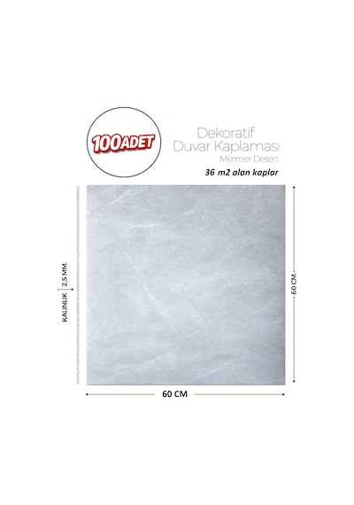 60x60 Cm Kendinden Yapışkanlı Duvar,banyo,tezgah Arası Açık Gri Mermer-100 Adet 902-60-100