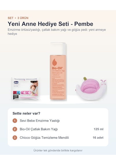 Yeni Anne Hediye Seti 3 Parça: Emzirme Yastığı + Çatlak Bakım Yağı + Göğüs Temizleme Mendili - Pembe