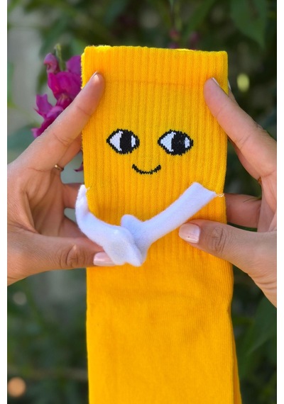 Lousocks Unisex Sarı El Ele Tutuşan Halay Çeken Sevimli Yüz Desenli Soket Çorap