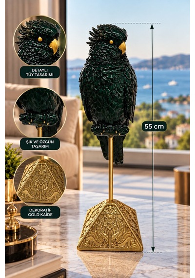 Yeşil Gold Papağan Biblo 55 Cm Ayaklı Dekoratif Salon Ve Ofis Aksesuarı