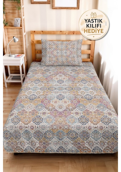 Etnik Mavi Genç Odası Tek Kişilik Pike Takımı - Bohem Hardal Gri 160x220 Cm Kapitone Yatak Örtüsü Kırçıllı Yün Hissi