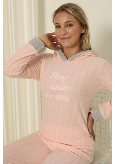 Wordex Fawn 3900 Peluş Welsoft Polar Kışlık Kapşonlu Kadın Pijama Takımı Soft Pembe
