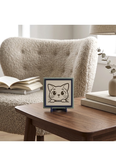Çağdaş Tasarım Meraklı Kedi Motifli Dekoratif, Çalışma Masanız İçin Anlam Dolu Özel Tasarım 10x10 Cm