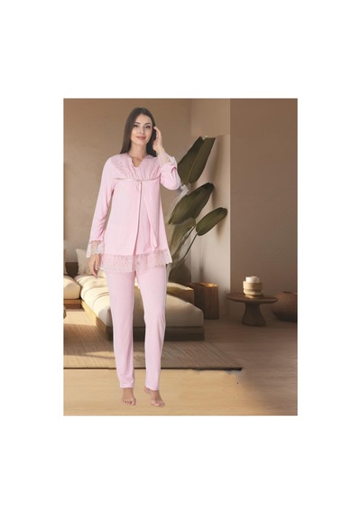 Effortt Dvina Lohusa Hamile Dantel Detaylı Ve Uzun Kollu Pijama Takımı - Pembe Pembe