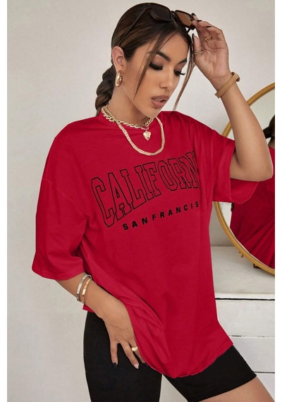 Unisex California West Coast Baskılı Tasarım Tshirt Kırmızı