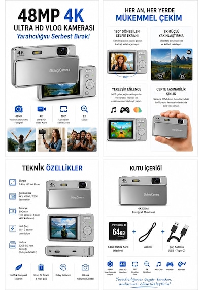 Dijital Kamera 4k Hd 48mp 16x Zoom Flaşlı Kayar Retro Video Kamera 2.8 Ekran 64gb Sd Kart li