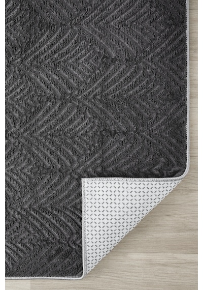 Raschel Carpet Premium Yıkanabilir Leke Tutmaz Yaprak Emboss Koyu Gri Mutfak Halısı Özel Seri Kaymaz Taban Halı Koyu Gri
