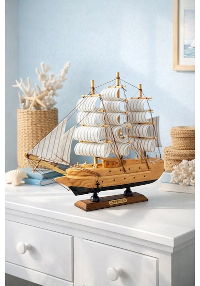 Büyük Boy El Yapımı Ahşap Yelkenli Gemi Maketi 24 X 24 Cm Dekoratif Lüx Hediyelik 529 Eb