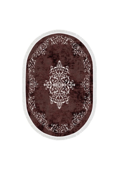 Alanur Trend Kaymaz Dod Tabanlı Saçaklı Dijital Halı Oval Bordo