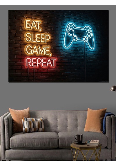 Ahşap Tablo Eat Sleep Game Repeat Neon Yazı