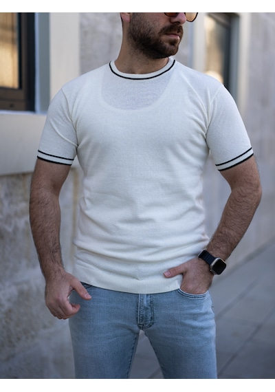 Erkek Triko Tişört Beyaz Beyaz - Siyah