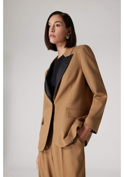 Defacto Sorbe x DeFacto Oversize Geniş Kalıp Ceket Yaka Suni Deri Detaylı Düğmeli Blazer Ceket D9887AX24AU Haki