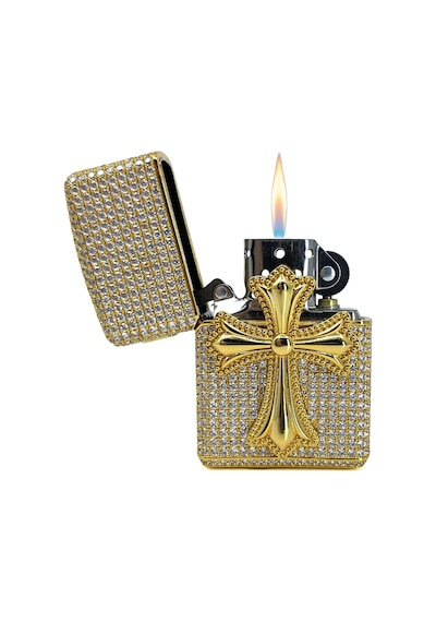 Zippo Özel Seri - Iced Out Zirkon Taşlı Haç Figürlü Lüks Çakmak Sarı