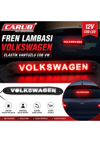 Carub Kırmızı Led Fren Lambası Elastik Vantuzlu 12v Cob Volkswagen Yazılı Arka Stop Lambası Led