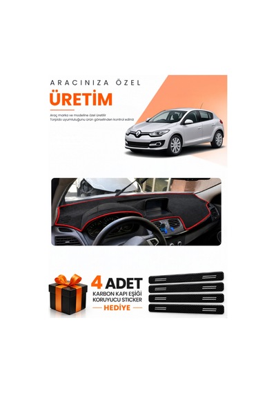 Renault Megane 3 Büyük Ekran 2008-2015 Uyumlu Torpido Koruma Örtüsü Oto Kılıfı - Siyah Kırmızı