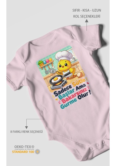 Morivokids Sadece Sütle Başlar Yazılı Kısa Kollu Bebek Body %100 Pamuk Bebe Pembe