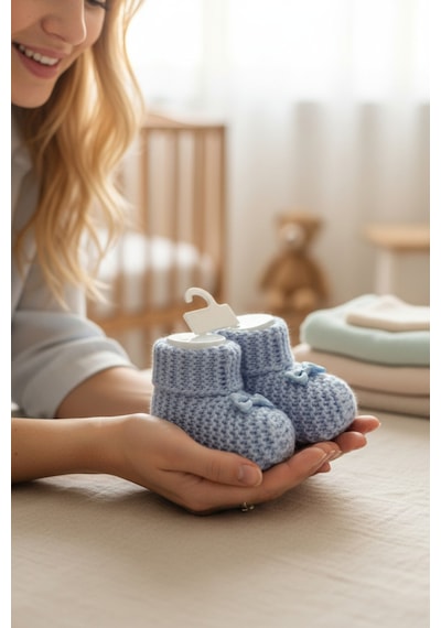 Balbeybi Örgü Triko Yenidoğan Bebek Patiği 0 6 Ay Unisex Ponponsuz Yumuşak Patik Mavi