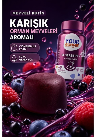 Y'our Gummie Elderberry Kara Mürver C Vitamini ve Çinko 60 Çiğnenebilir Jel