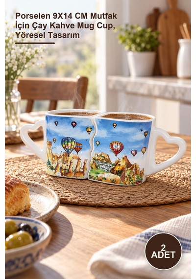 2 Adet Yöresel Kupa Bardak Porselen 9x14 Cm Mutfak İçin Çay Kahve Mug Cup, Yöresel Tasarım