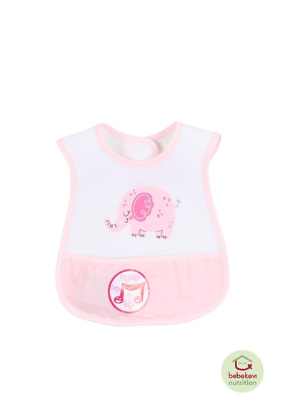 Düdüklü Cepli Sıvama Mama Önlüğü - Mutlu Fil Pembe Bebek Önlüğü Açık Pembe