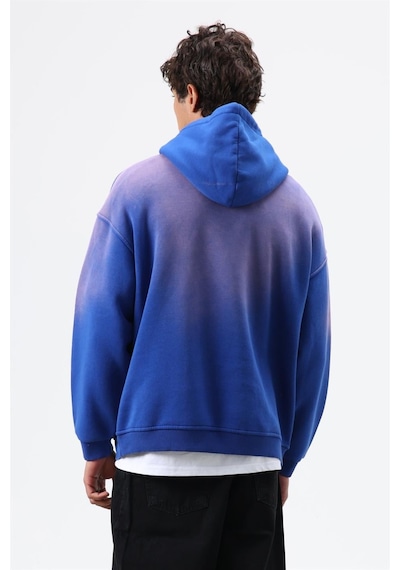 Vamos Oversize Baskılı Yıkamalı Hoodie Saks Mavi