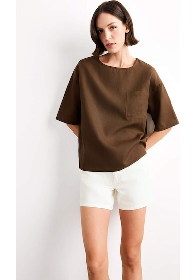 Defacto Relax Fit Bisiklet Yaka Dokuma Kısa Kollu Gömlek G0434ax25smbn214 Kahve