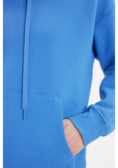 Tudors Kadın Oversize Geniş Kesim Pamuklu Yumuşak Dokulu İçi Polarlı Basic Mavi Kapüşonlu Sweatshirt-37901 Mavi