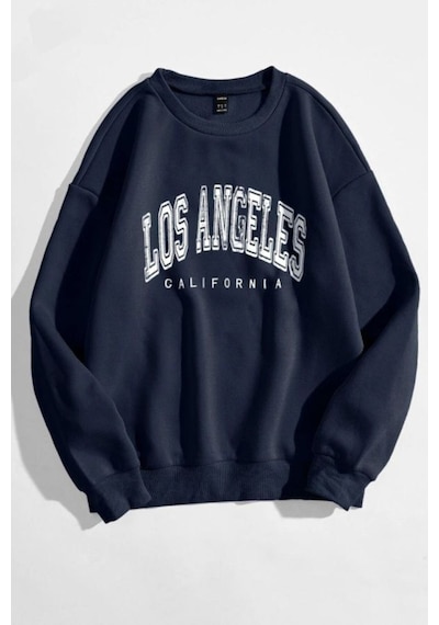 Los Angeles California Sweatshirt - Lacivert Baskılı Oversize Kışlık Kalın Bisiklet Yala Lacivert
