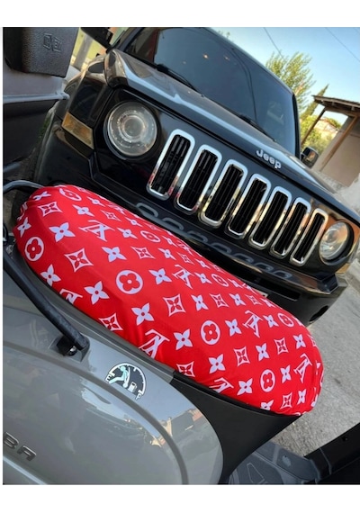 Lv Desen Kırmızı Beyaz Motorsiklet Sele Kılıfı 1.kalite Likrali Penye Yıkanabilir