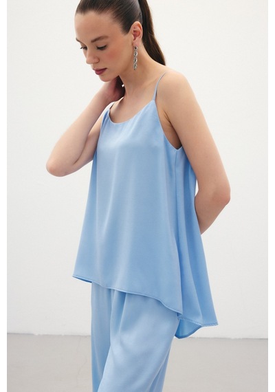 Sateen Askılı Saten Bluz - Mavi-136349 Mavi