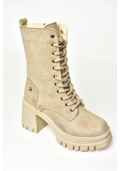 Fox Shoes T973559002 Bej Süet Kalın Topuklu Kadın Postal Bot Bej