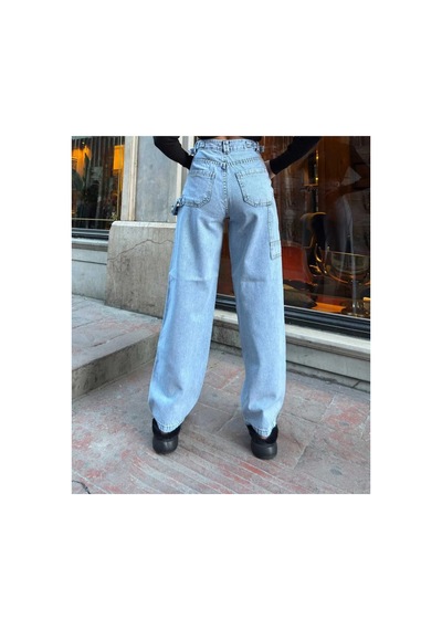Kene Jeans Yüksek Bel Buz Kar Yan Kemer Tokalı Kargo Cep/baggy Bol Paça Jeans Buz Kar
