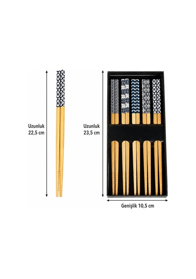 Valkyrie 5 Çift Doğal Ahşap Yemek Çubuğu Seti Japon Desenli Kaymaz Uçlu Kutulu 22,5cm Chopstick Seti
