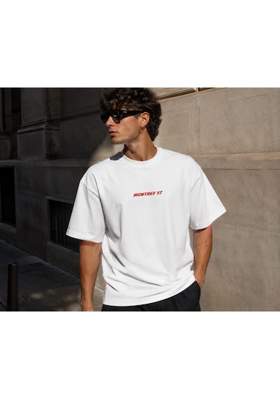 Montree Rockers Baskılı Oversize %100 Pamuk Premium Tişört Beyaz