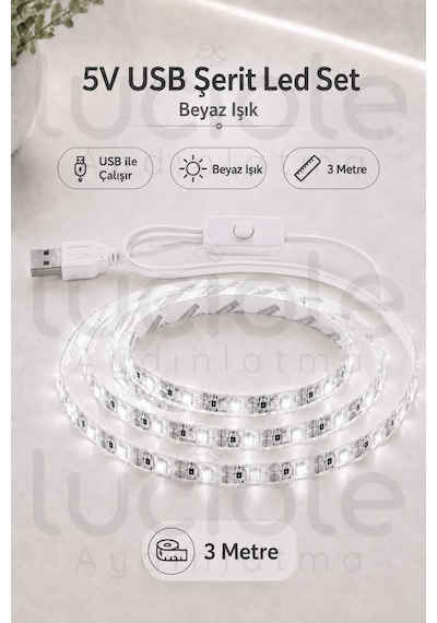 3 Metre Beyaz Usb Şerit Led 5v Aç Kapa Anahtarlı Mutfak Tv Masa Raf Powerbank Kamp Led Işık